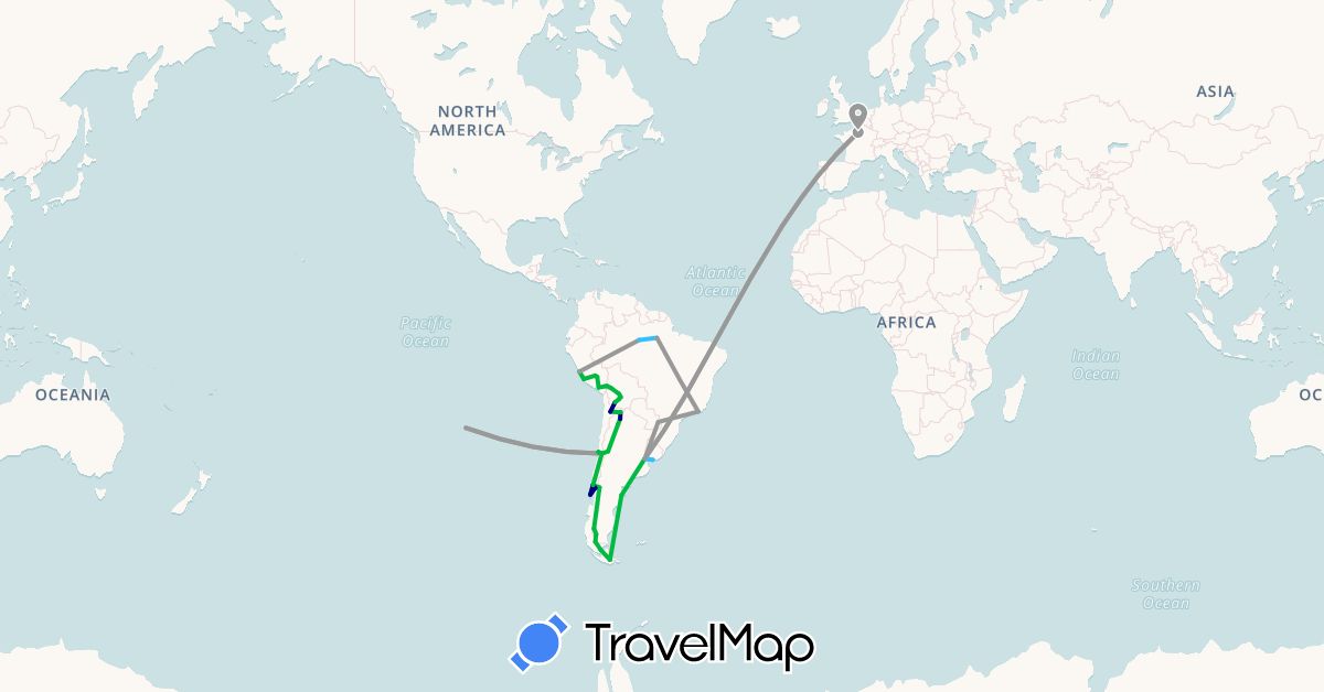 TravelMap itinerary: driving, bus, plane, boat in Argentina, Bolivia, Brazil, Chile, France, Peru, Uruguay (Europe, South America)